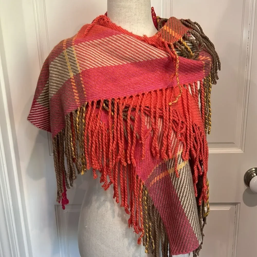 Echo gorgeous double fringe scarf pink tan and red